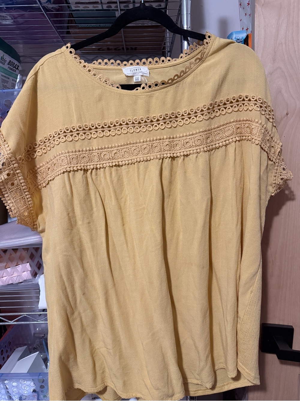 Light Mustard Crochet-Trim Peasant Blouse